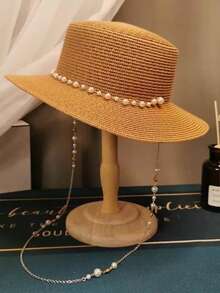 1pc Women's French Elegant Anti-UV Straw Hat With Pearl, Graceful Pearl Hat, Unisex Straw Hat, Suitable For Beach Vacation Bohemian - Pearl Multicolor - View 15