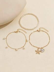 3件套白色珍珠流苏海星贝壳吊坠多层脚链，金色，适合日常佩戴和度假 - 金色 - 查看 2