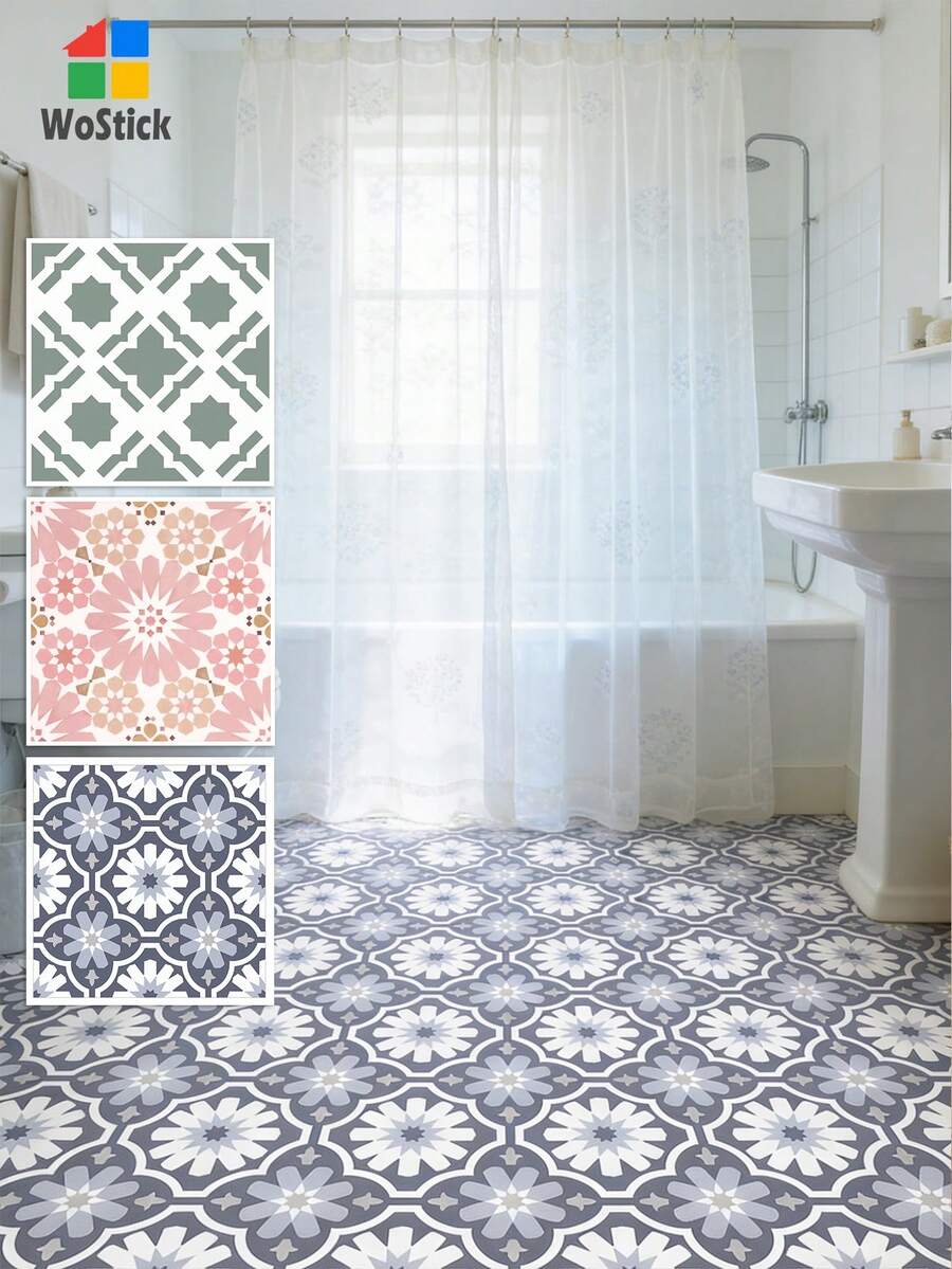 WoStick 10pcs 11.81"X11.81" Removable Self-Adhesive Waterproof Floor Stickers, Suitable For Rental Bedroom Laundry Room, Moroccan Pattern