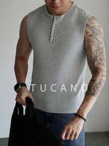 Men's Heather Gray Sleeveless Henley Top Old Money Style Business Casual Knit Vest For Office & Refined Daily Wear - Grey - View 1
