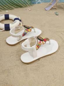 1 Pair Summer Kids Flat Sandals, Elastic Slip-On-On Toe-Divided Design Outdoor Children Shoes - White - View 4