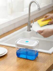 厨房皂液器，带海绵架的厨房洗洁精皂液器，按压式皂液器，附赠洗碗海绵，塑料洗洁精挤压容器，厨房洗洁精分配器，厨房水槽配件，高效清洁工具，清洁海绵，洗碗海绵，海绵擦洗器 - 彩色 - 查看 5