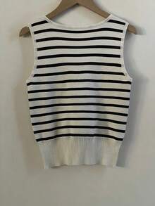 女士休闲条纹针织无袖圆领背心 - 白色 - 查看 5