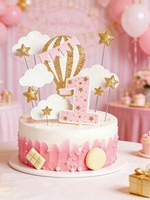 12 pièces Ensemble de décorations en papier pour gâteau de 1er anniversaire, comprenant fanions, étoiles, nuages, montgolfières, chiffre 1, couleur rose, convient pour baby shower et fête d'anniversaire - A - Voir 6