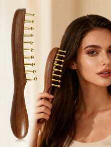 1pc Wide-Tooth Comb, Brass Material Long Handle Large Round Teeth Scalp Massage Brush, Suitable For Curly & Straight Hair Styling, Body Massage Tool - 紅木色 - 查看 12