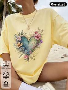 Camiseta feminina amarela de algodão, com estampa floral em aquarela e corações, estilo férias, ideal para uso casual no verão. - Amarelo - Ver 2
