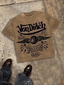 Classic Flying Eye Wings Graphic Men's 230g Combed Washed Cotton T-Shirt, Street  Short-Sleeve Top, American Dark Hardcore Style Apparel, Spring Summer Crew Neck Top, Suitable For Summer Daily Casual Wear - 咖啡棕 - 查看 1