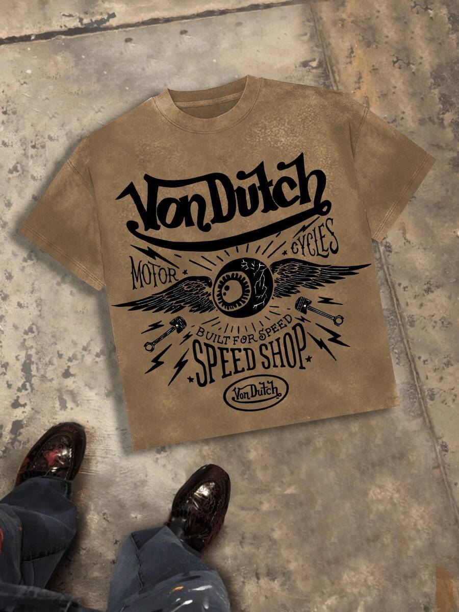 Classic Flying Eye Wings Graphic Men's 230g Combed Washed Cotton T-Shirt, Street  Short-Sleeve Top, American Dark Hardcore Style Apparel, Spring Summer Crew Neck Top, Suitable For Summer Daily Casual Wear - 咖啡棕 - 查看 1