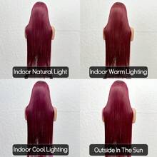 女士99J酒红色13x4高清蕾丝波波头假发，180%密度，耐热合成纤维混纺真人发，带婴儿发，适合万圣节和圣诞节等场合，可作礼物。 - SBUG - 查看 9