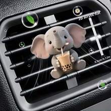 2D平面，1个可爱小象喝珍珠奶茶图案汽车出风口夹装饰，可自行添加香氛，亚克力卡通装饰，汽车内饰配件，夹式空气清新剂，可用作节日礼物 - A - 查看 4