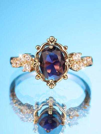 1pc Luxury Oval Cut Light Purple Cubic Zirconia Gold Plated Ring, Suitable For Daily Wear, Mother's Day, Party, Banquet, All Seasons
