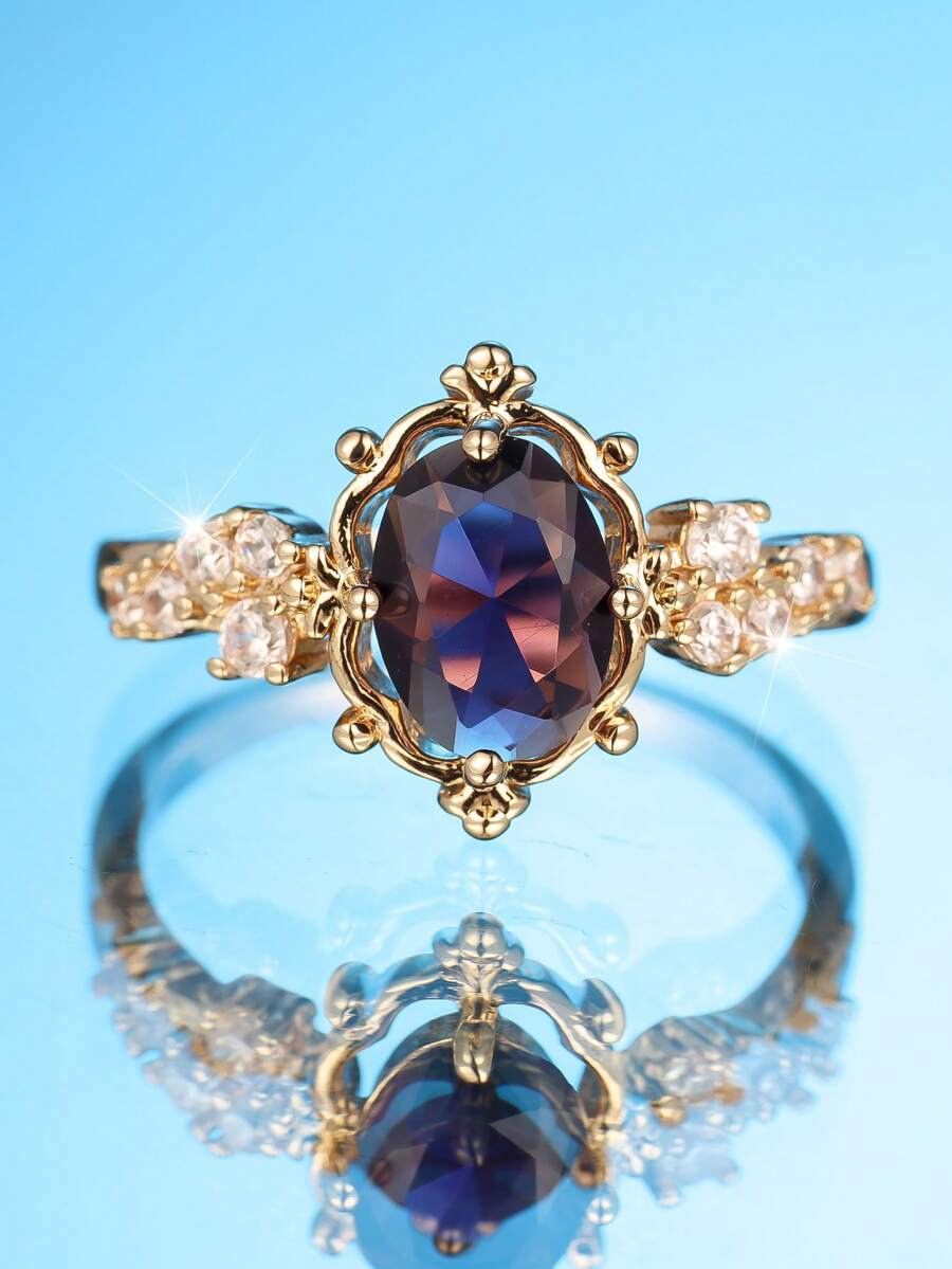 1 chiếc nhẫn mạ vàng sang trọng đính đá Cubic Zirconia màu tím nhạt hình bầu dục, thích hợp đeo hàng ngày, vào Ngày của Mẹ, dự tiệc, tiệc chiêu đãi, mọi mùa. - Vàng - Xem 1