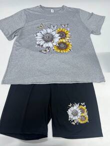 2件套加大码女式雏菊印花T恤和短裤套装，夏季优雅 - 灰色 - 查看 2
