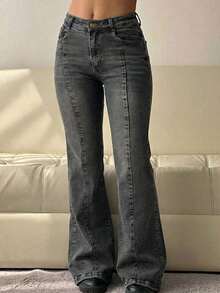 Women's Grunge Style Wide Leg Denim Jeans, Washed Gray With Button And Zipper, Comfortable Slight Stretch Fabric - 灰色 - 查看 6
