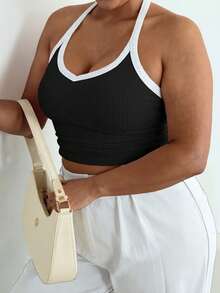Plus Size Sexy Minimalist Ribbed Spaghetti Strap Fitted Camisole, Suitable For Daily, Commute, Street, Date, Workout Casual Summer - Black and White - View 7