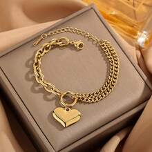Pulsera con colgante de corazón grande chapado en oro de 18K, pulsera de cadena gruesa de doble capa de moda hip hop para mujer de acero inoxidable - Multicolor - Ver 6