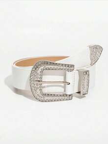 1pc Women's Rhinestone Embellished Western Style Denim PU Leather Wide Waist Belt - White - View 1