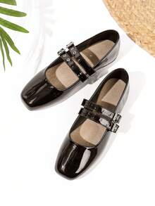 Zapatos Mary Jane planos y poco profundos con doble hebilla, adecuados para faldas y uso diario - Negro - Ver 2