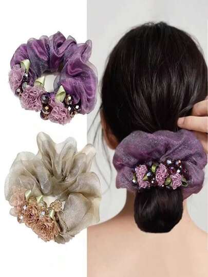 1个优雅紫藤花发圈，韩式优雅花朵发绳，饰有珍珠，适合日常佩戴和约会扎马尾辫