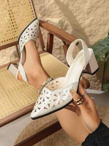 Giày sandal cao gót nữ, sandal mũi nhọn đế dày hở gót bằng da bóng màu mơ khoét rỗng, kiểu dáng retro phù hợp cho đi làm hàng ngày, sandal cao gót nữ thanh lịch và thời trang cho công sở. - Màu be - Xem 3