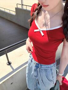 New Spring/Summer Skin-Friendly Modal Fitted T-Shirt With Contrast Bow Tie Detail, Flattering Red Top - Red - View 9