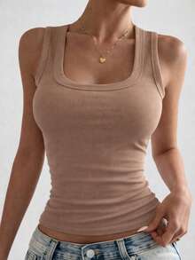 Women's Ribbed Tank Top With Square Neckline, U-Shaped Wide Straps, Premium Comfortable Ribbed Knit - Camel - View 1
