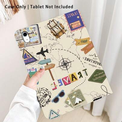 1 件装翻盖平板电脑保护套，带笔槽，图案包括飞机、指南针、行李箱、时尚眼镜、路标、旗帜和地图，兼容华为 Matepad SE 11 英寸/Matepad Pro 11 英寸/Matepad 11.5 英寸 2026、荣耀平板 8/9/10、荣耀 GT 11.5 英寸/X7/X8A/X9/X8Pro/X9Pro/X10 PRO/V9/V8 Pro、S11/A11/A11+、苹果等更多机型，具备自动休眠/唤醒功能，适合返校季、情人节等场合。