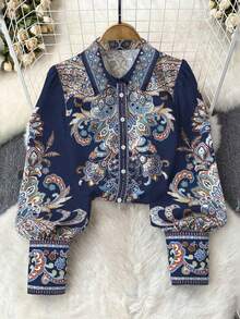 Plus Size Women's Autumn Bohemian Style Shirt Collar Print Vacation Dress, Elegant Women's Festival Clothing, Turndown Collar Long Sleeve Blouse Spring - Navy Blue - View 1