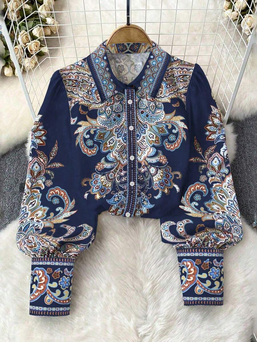 Plus Size Women's Autumn Bohemian Style Shirt Collar Print Vacation Dress, Elegant Women's Festival Clothing, Turndown Collar Long Sleeve Blouse Spring - Navy Blue - View 1
