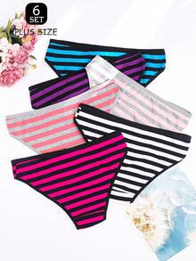 6 Pieces Of Plus Size Women's Underwear, Comfortable And Breathable Striped Lace Up Underwear, Close Fitting Underwear, Ultimate Comfort And Fashion, Suitable For Daily And Seasonal Wear - 彩色 - 查看 2