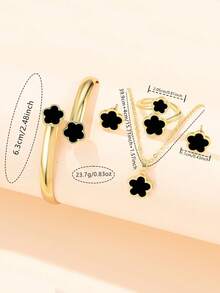 6pcs Elegant Luxury Women's Quartz Watches, Women's Luxury Classic Four-Leaf Clover Jewelry Watch Set, Including A Gold Fully Diamond-Studded Strap Black-Dial Quartz Watch, Four-Leaf Clover Bracelet, Chain Necklace, Ring, And Stud Earrings. - Gold - View 6