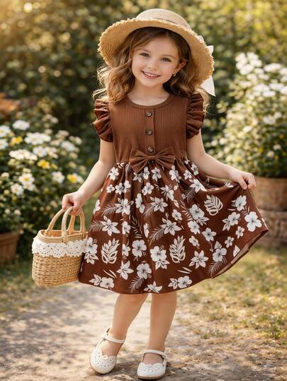 Girls' Sweet Princess Dress, Coffee Ribbed Cap Sleeve, Flared Sleeve Design, Front Button Decor, Bow Waist, Floral Print Flared Skirt, Suitable For Birthday & Daily Wear