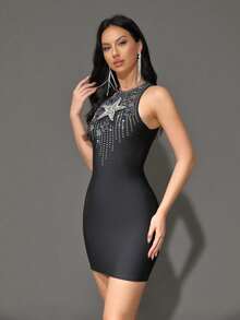 Fashionable Black Sleeveless Studded & Foil Printed Bandage Mini Dress, Fitted Silhouette For Women, Suitable For Holiday, Party, Dance - Black - View 2