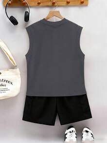 Bộ đồ thường ngày cho bé trai tuổi teen, in chữ "LA" và số 1987, áo tank top không tay và quần cargo, thoải mái cho mùa xuân/hè. - Màu xám đen - Xem 4