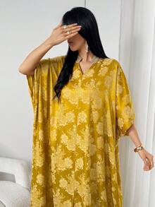 女士花卉图案V领蝙蝠袖阿拉伯风格连衣裙 - 金色 - 查看 1