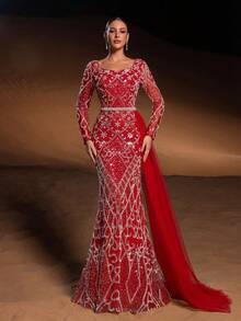 Faeriesty Elegant Women's Sequin Embroidered Mermaid Long Sleeve Evening Gown, Suitable For Romantic Valentine's Day Dates, Destination Luxury Weddings, Red Carpet Formal Parties And Other Occasions Vacation Spring Party - Red - View 5
