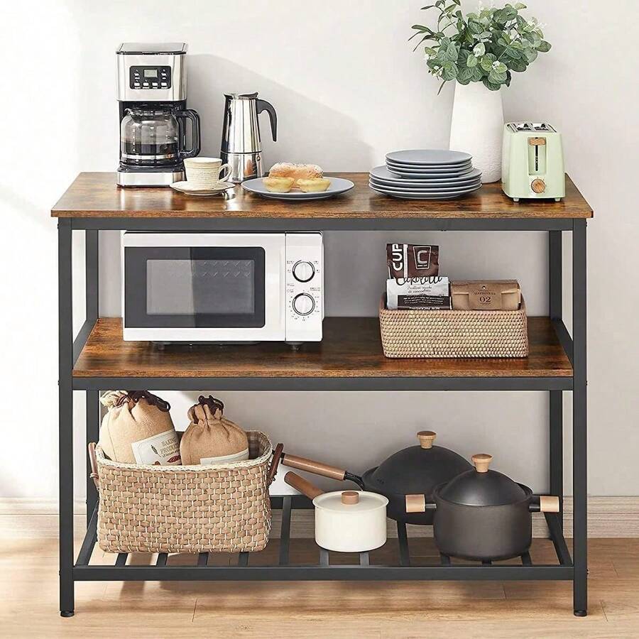 Isla de Cocina con Ruedas y Estante de 3 Niveles | Mueble Multiusos de Acero Robusto para Cocina, Sala u Oficina | Fácil Armado, Color Marrón Rústico. - Marrón - Ver 1