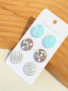 3对叶子印花浅蓝色陶瓷质感个性化圆形亚克力耳环，适合女孩佩戴 - 彩色 - 查看 3