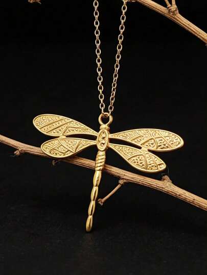 1 chiếc mặt dây chuyền hình chuồn chuồn dập nổi 3D mạ vàng 18K bằng thép không gỉ, trang sức hình côn trùng tối giản dành cho nam và nữ.