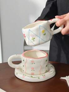 一套花卉图案陶瓷咖啡杯碟，优雅欧式陶瓷杯碟，咖啡杯碟，陶瓷杯碟，高品质下午茶杯，家用早餐牛奶杯，咖啡杯，水杯，果汁杯，礼品杯，饮具，杯碟套装 - 彩色 - 查看 6