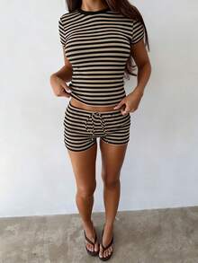 Women's Summer Shorts Outfit Casual Loose Fit Stylish Striped Crew Neck Short Sleeve Tops And Shorts 2 Pcs Set - 黑色 - 查看 2