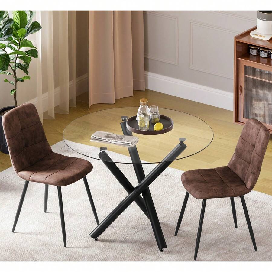 Dining Table And Chairs Set Of 4, Round Dining Table With Performance Fabric Chairs For Dining Room,Kitchen,Living Room