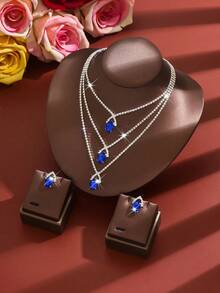 Charming Multi-Layer Vintage Jewelry Set - Sparkling Crystal Layered Necklace + Earrings, Bridal Wedding Formal Cocktail Party Jewelry, Anniversary Gift - 1811-hB Blue - View 4