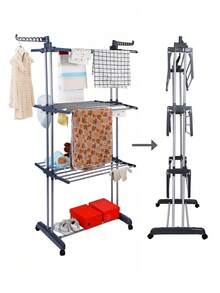Tendedero plegable de acero inoxidable - Tendedero vertical con ruedas, secadora de 4 niveles, secadora de pie, brazos cortos plegables y paneles giratorios, secadora de ropa interior, adecuada para apartamentos, dormitorios, lavaderos - Uso en interiores/exteriores - Multicolor - Ver 6