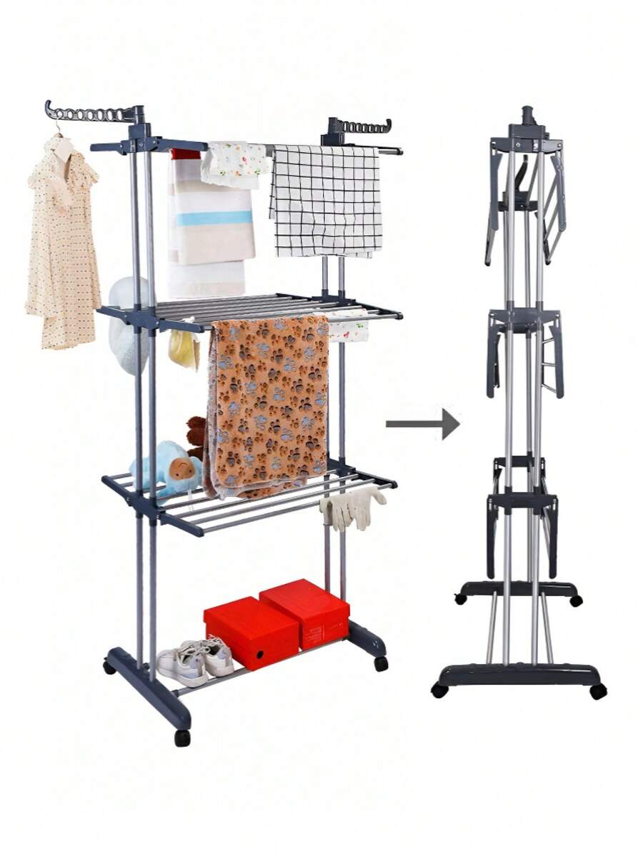 Stainless Steel Folding Drying Rack - Vertical Drying Rack With Wheels, 4-Tier Drying Rack, Floor-Standing Drying Rack, Foldable Short Arms And Rotating Panels, Underwear Drying Rack, Suitable For Apartments, Dormitories, Laundry Rooms - Indoor/Outdoor Use - Multicolor - View 1