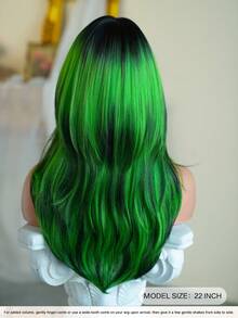 22 Inch Natural Long Wavy Green Hair Wigs Black Highlights With Bangs Synthetic Hair Replacement Wigs For Party Cosplay Festival Ready Use - Green - View 2