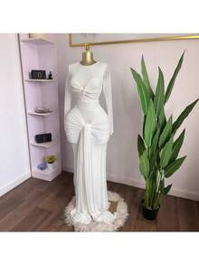 Women's Clothing 2026 Early Spring New Solid Color Long-Sleeved Round-Neck Chest Wrap Tight Temperament Long Dress - 白色 - 查看 2