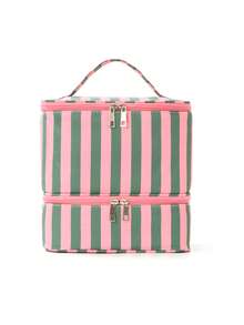 Striped Double Layer Cosmetic Bag, Large Capacity Cosmetic Storage Bag, Portable Travel Toiletry Bag, Suitable For Dressing Table And Travel - Multicolor - View 6