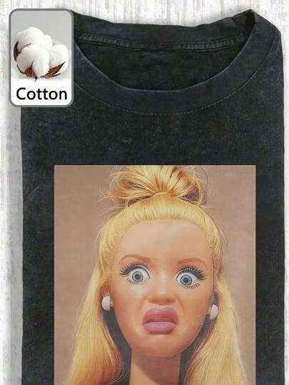 Plus Size Women's Casual Round Neck Short Sleeve T-Shirt With Exaggerated Doll Face Expression, Presenting Surprised, Confused Or Slightly Comedic Vibe, Breaking The Stereotype Of Sweet Perfection. Suitable For Valentine's Day, Back To School Season, Summer, Summer Clothing, Summer Vacation Wear, Summer Tops Black