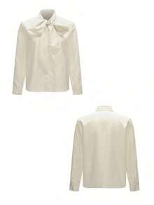 2026春夏通勤衬衫 | 复古杏白格纹衬衫 | 蝴蝶结领长袖设计 | 优雅百搭，适合派对、约会和新年活动 | 从海滩到夜店，时尚百搭 - 杏色 - 查看 12